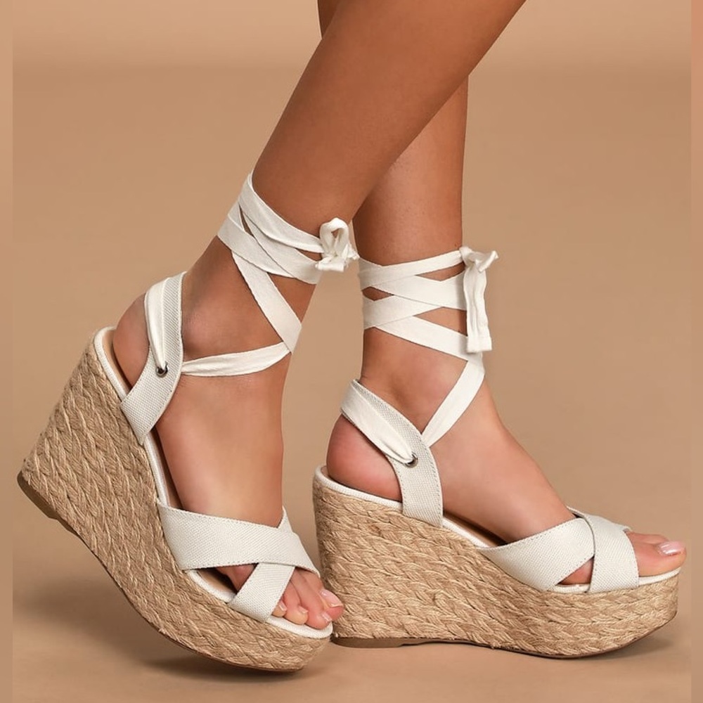 SOLD NEW Lulu’s Esme White Lace-Up Espadrille Wedges - Picture 1 of 9